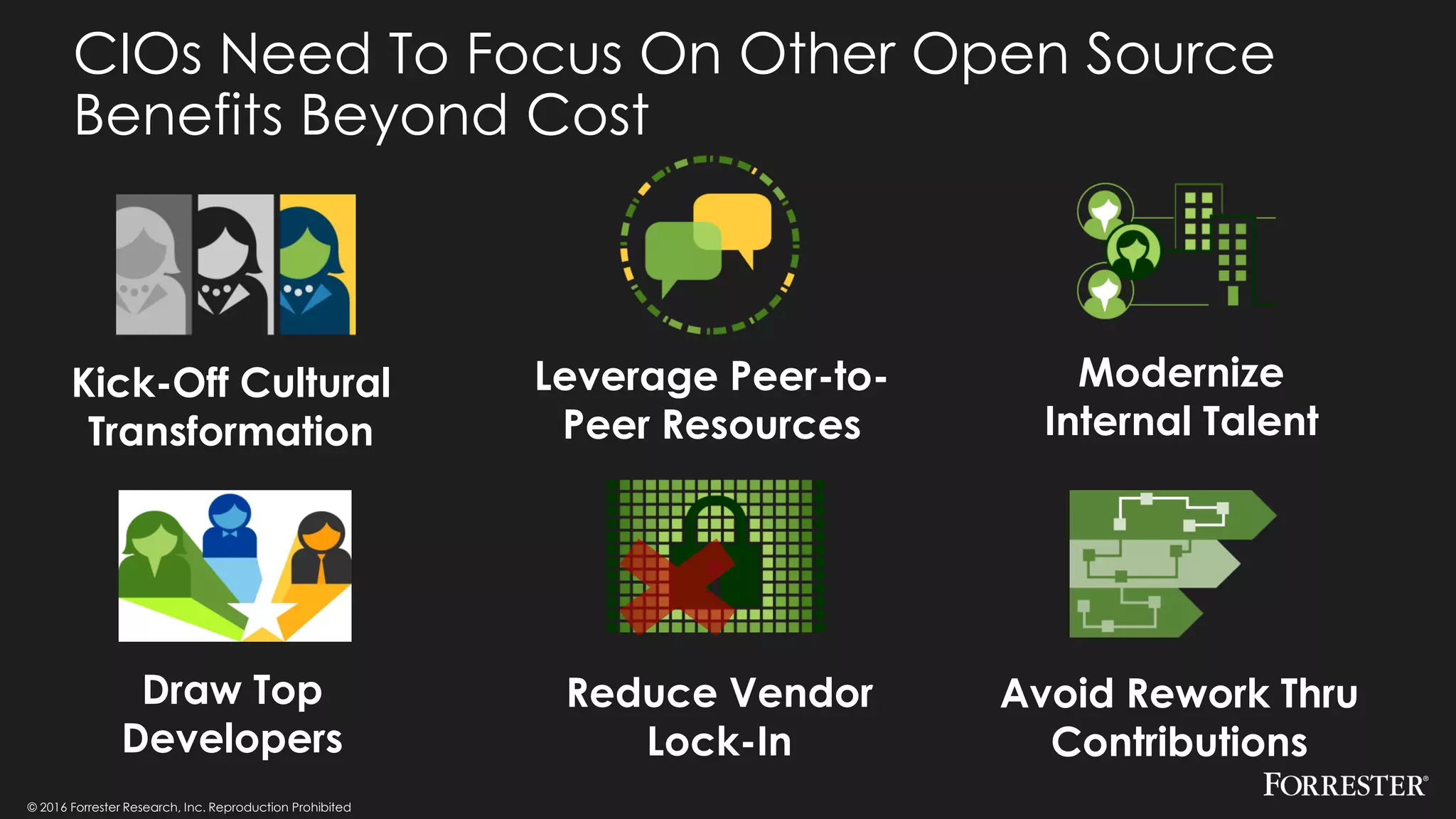 © 2016 Forrester Research, Inc. Reproduction Prohibited
CIOs Need To Focus On Other Open Source
Benefits Beyond Cost
© 2016 Forrester Research, Inc. Reproduction Prohibited
Leverage Peer-to-
Peer Resources
Draw Top
Developers
Reduce Vendor
Lock-In
Avoid Rework Thru
Contributions
Modernize
Internal Talent
Kick-Off Cultural
Transformation
 