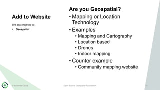 Add to Website
Are you Geospatial?
• Mapping or Location
Technology
• Examples
• Mapping and Cartography
• Location based
...