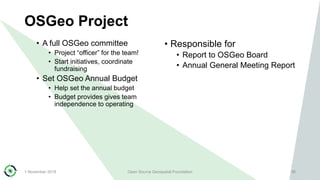 OSGeo Project
• A full OSGeo committee
• Project “officer” for the team!
• Start initiatives, coordinate
fundraising
• Set...