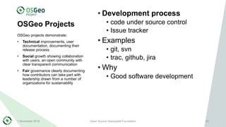 OSGeo Projects
• Development process
• code under source control
• Issue tracker
• Examples
• git, svn
• trac, github, jir...