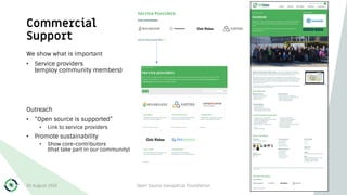 Commercial
Support
We show what is important
• Service providers
(employ community members)
Outreach
• “Open source is supported”
• Link to service providers
• Promote sustainability
• Show core-contributors
(that take part in our community)
30 August 2019 Open Source Geospatial Foundation 22
 