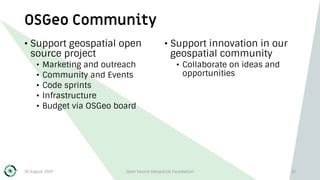 OSGeo Community
• Support geospatial open
source project
• Marketing and outreach
• Community and Events
• Code sprints
• Infrastructure
• Budget via OSGeo board
• Support innovation in our
geospatial community
• Collaborate on ideas and
opportunities
30 August 2019 Open Source Geospatial Foundation 25
 