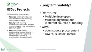 OSGeo Projects
• Long term viability?
• Examples:
• Multiple developers
• Multiple organizations
(different sources of funding)
• Why?
• open source procurement
• Low “bus factor” metric
OSGeo projects demonstrate:
• Technical improvements, user
documentation, documenting
their release process.
• Social growth showing
collaboration with users, an open
community with clear transparent
communication
• Fair governance clearly
documenting how contributors
can take part with leadership
drawn from a number of
organizations for sustainability
30 August 2019 Open Source Geospatial Foundation 39
 