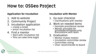 How to: OSGeo Project
Application for Incubation
1. Add to website
2. Community Project
3. Incubation application
• create a ticket
• email incubation list
4. Find a mentor
• Start with incubation list
• This can take time (sigh)
Incubation with Mentor
1. Go over checklist
• Clarifications with mentor
2. Work on needed items
• Example providence review
• Mentor provided for
private/sensitive/security
discussions with team
3. Graduation
• Mentor makes motion
• Incubation committee review
• Committee voting
• Chair recommends to board
30 August 2019 Open Source Geospatial Foundation 50
 