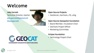 Welcome
Jody Garnett
Technical Director, GeoCat BV
jody.garnett@geocat.net
@jodygarnett
Open Source Projects
• GeoServer, GeoTools, JTS, uDig
Open Source Geospatial Foundation
• Board Member, Incubation Chair
• GeoTools Project Officer
• Marketing Committee
Eclipse Foundation
• Technology Project Chair
30 August 2019 Open Source Geospatial Foundation 2
 