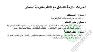 ‫المصدر‬ ‫مفتوحة‬ ‫النظم‬ ‫مع‬ ‫للتعامل‬ ‫الالزمة‬ ‫الخبرات‬
•‫مستوى‬‫المستخدم‬
•‫التدريب‬‫على‬‫إستخدام‬‫كافة‬‫النظم‬‫الفرعية‬
•‫مستوى‬‫مدير‬‫النظام‬
•‫اإللمام‬‫بكل‬‫النظم‬‫الفرعية‬‫الخاصة‬‫بالنظام‬‫إستخداما‬‫وإدارة‬‫وضبط‬‫السياسات‬‫المرتبطة‬‫بال‬‫نظم‬‫الفرعية‬
–‫متابعة‬‫تشغيل‬‫البرنامج‬‫والنسخ‬‫اإلحتياطي‬–‫وإكتشاف‬‫المشكالت‬‫ومحاولة‬‫حلها‬‫بشكل‬‫مب‬‫دئي‬
•‫مستوى‬‫مقدم‬‫الخدمة‬
•‫يكون‬‫ملم‬‫بكل‬‫ما‬‫سبق‬‫مع‬‫إمكانية‬‫حل‬‫المشكالت‬‫وتتبعها‬‫والتطوير‬‫والتعديل‬‫على‬‫النظام‬‫و‬‫تقديم‬‫كل‬
‫الخدمات‬‫واإلستشارات‬‫الخاصة‬‫بالنظام‬
 
