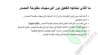 ‫المصدر‬ ‫مفتوحة‬ ‫البرمجيات‬ ‫دور‬ ‫لتفعيل‬ ‫نحتاجه‬ ‫اللذي‬ ‫ما‬
•‫الدعم‬‫المؤسسي‬(‫تبني‬‫الحكومات‬‫والوزارات‬‫إلستخدام‬‫البرمجيات‬‫مفتوحة‬‫المصدر‬)
•‫الدعم‬‫المجتمعي‬
•‫تبني‬‫العديد‬‫من‬‫الشركات‬‫التجارية‬‫للبرمجيات‬‫مفتوحة‬‫المصدر‬(Open ERP)
•‫تشجيع‬‫الكيانات‬‫التجارية‬‫الناشئة‬‫العاملة‬‫في‬‫مجال‬‫البرامج‬‫مفتوحة‬‫المصدر‬‫وتقديم‬‫الدعم‬‫ل‬‫ها‬
•‫دمج‬‫البرمجيات‬‫مفتوحة‬‫المصدر‬‫وأدوات‬‫العمل‬‫بهاضمن‬‫المناهج‬‫التعليمية‬
•‫اإلندماج‬‫مع‬‫المجتمعات‬‫الدولية‬‫للبرمجيات‬‫مفتوحة‬‫المصدر‬
 