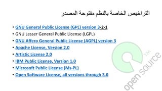 ‫المصدر‬ ‫مفتوحة‬ ‫بالنظم‬ ‫الخاصة‬ ‫التراخيص‬
• GNU General Public License (GPL) version 3-2-1
• GNU Lesser General Public License (LGPL)
• GNU Affero General Public License (AGPL) version 3
• Apache License, Version 2.0
• Artistic License 2.0
• IBM Public License, Version 1.0
• Microsoft Public License (Ms-PL)
• Open Software License, all versions through 3.0
 