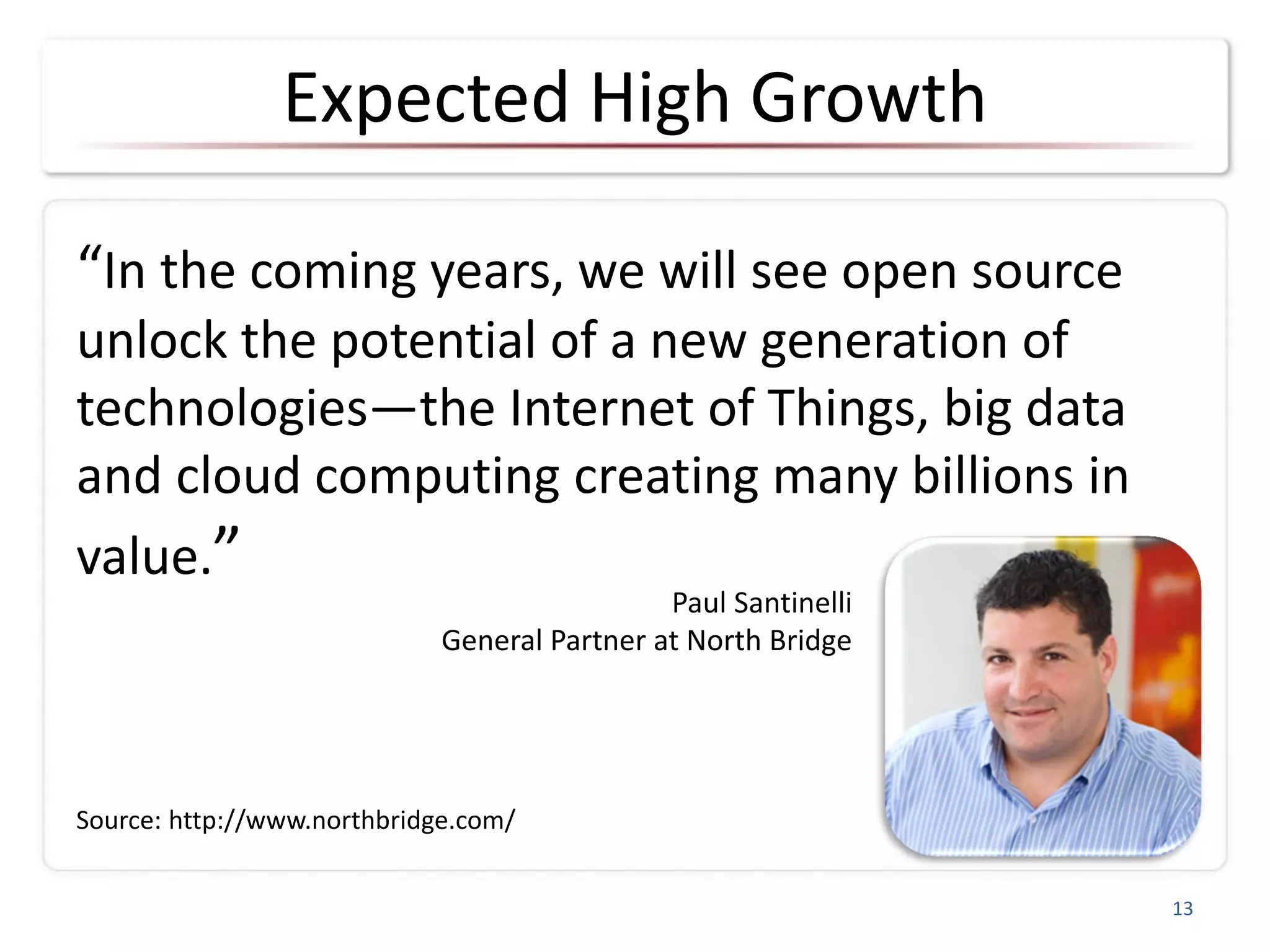 Expected High Growth
“In the coming years, we will see open source
unlock the potential of a new generation of
technologies—the Internet of Things, big data
and cloud computing creating many billions in
value.”
Source: http://www.northbridge.com/
13
Paul Santinelli
General Partner at North Bridge
 