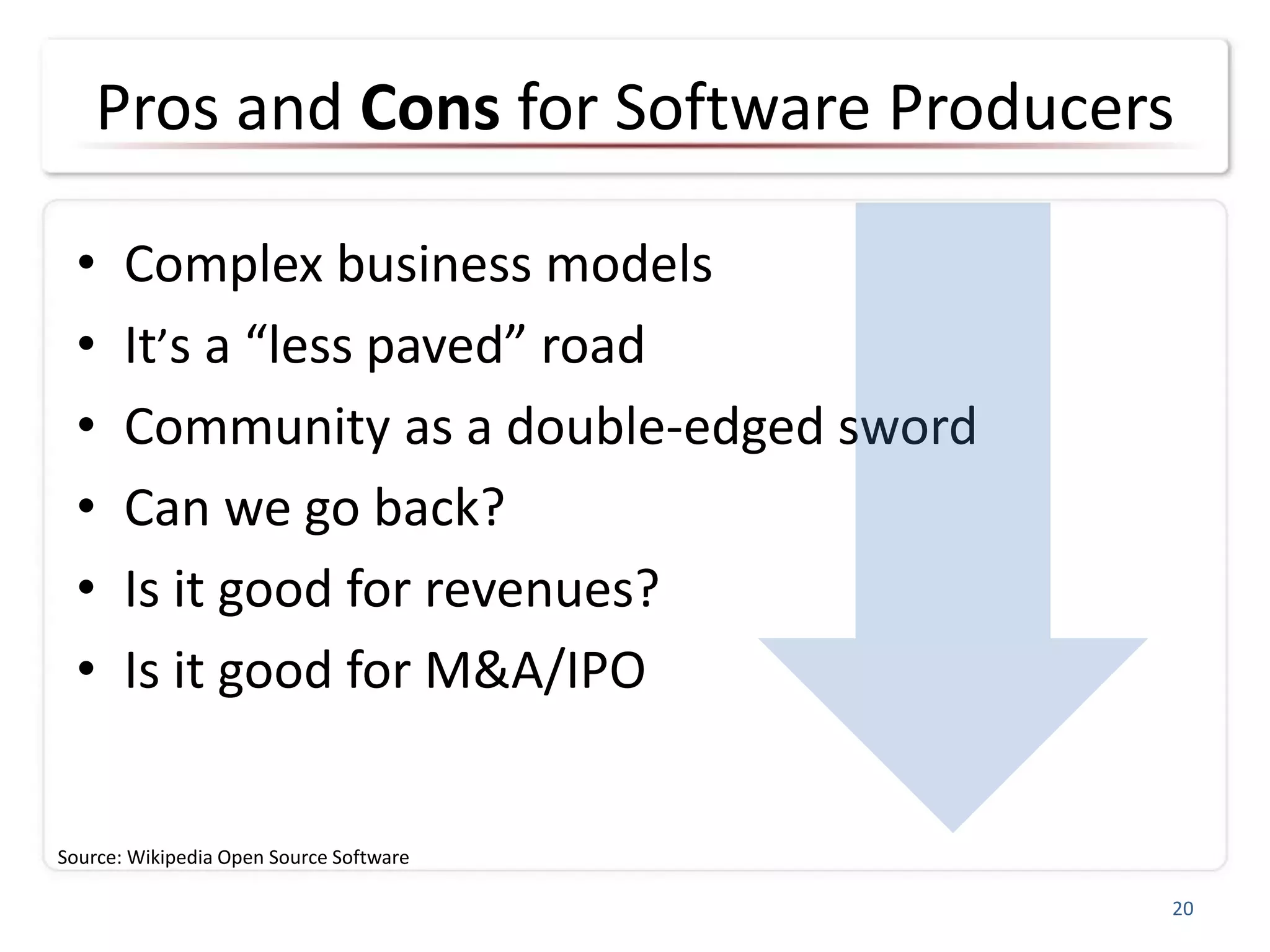 Pros and Cons for Software Producers
• Complex business models
• It’s a “less paved” road
• Community as a double-edged sword
• Can we go back?
• Is it good for revenues?
• Is it good for M&A/IPO
20
Source: Wikipedia Open Source Software
 