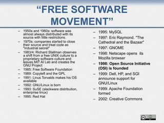 “FREE SOFTWARE
MOVEMENT”
– 1950s and 1960s: software was
almost always distributed with its
source with little restrictions.
– 1970s: companies started to close
their source and treat code as
"industrial secret"
– 1983/4: Richard Stallman observes
a shift from a free UNIX culture to a
proprietary software culture and
leaves MIT AI Lab and creates the
GNU Project
– 1985: Free Software Foundation
– 1989: Copyleft and the GPL
– 1991: Linus Torvalds makes his OS
available
– 1992: GNU/Linux is born
– 1993: SuSE (slackware distribution,
enterprise linux)
– 1995: Red Hat
– 1995: MySQL
– 1997: Eric Raymond. "The
Cathedral and the Bazaar"
– 1997: GNOME
– 1998: Netscape opens its
Mozilla browser
– 1998: Open Source Initiative
(OSI) is founded
– 1999: Dell, HP, and SGI
announce support for
GNU/Linux
– 1999: Apache Foundation
formed
– 2002: Creative Commons
 