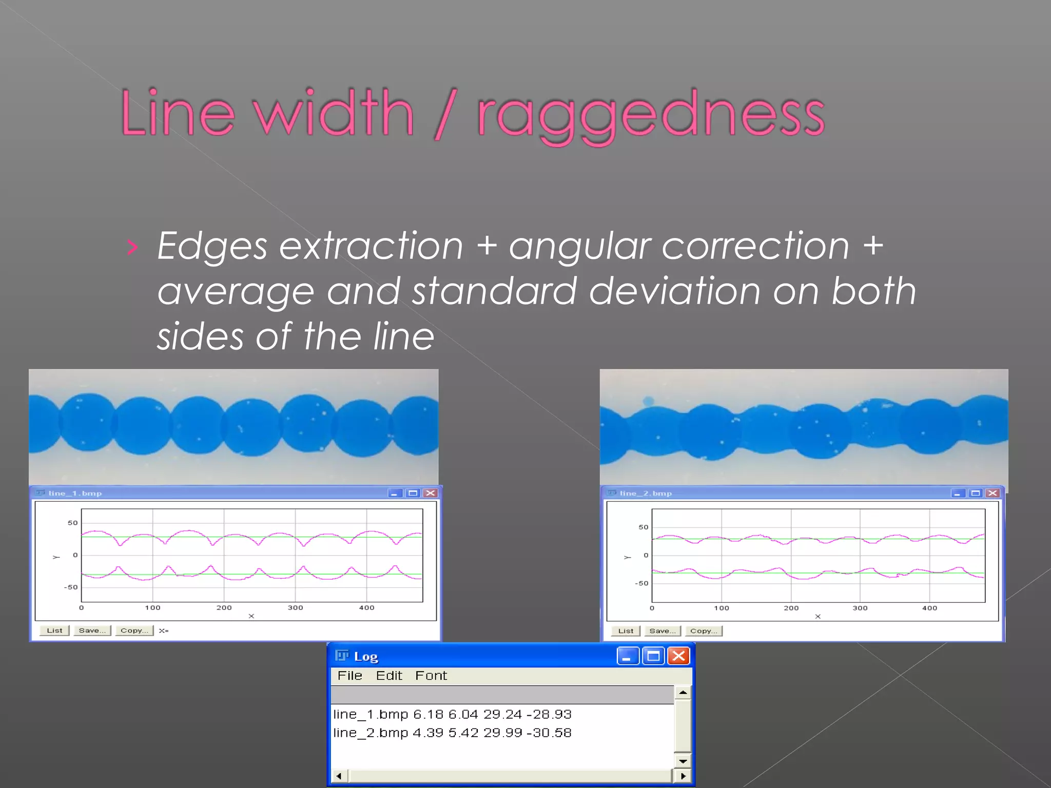 › Edges extraction + angular correction +
 average and standard deviation on both
 sides of the line
 
