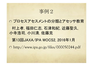 事例２	
 
  プロセスアセスメントの分類とアセッサ教育	
　村上孝, 福田仁志, 石津和紀, 近藤聖久, 　
小寺浩司, 小川清, 佐藤克	
　第13回JAXA/IPA WOCS2, 2016年1月	
  http://www.ipa.go.jp/files/000050244.pdf	
 
 