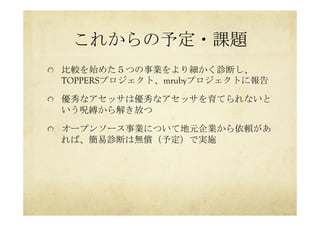 これからの予定・課題	
 
  比較を始めた５つの事業をより細かく診断し、
TOPPERSプロジェクト、mrubyプロジェクトに報告
  優秀なアセッサは優秀なアセッサを育てられないと
いう呪縛から解き放つ
  オープンソース事業について地元企業から依頼があ
れば、簡易診断は無償（予定）で実施
 