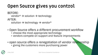 Open Source gives you control
1 May 2019 Open Source Geospatial Foundation 25
BEFORE:
vendor* à solution à technology
AFTER:
solution à technology à vendor*
• Open Source offers a different procurement workflow
• choose the most appropriate technology
• vendors compete on support and feature improvements
• open source offers a renegotiation of vendor relationship
• giving the customers more purchasing power
 