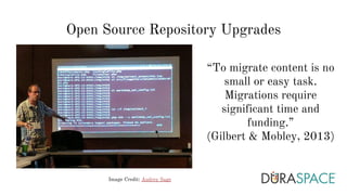 “To migrate content is no
small or easy task.
Migrations require
significant time and
funding.”
(Gilbert & Mobley, 2013)
Open Source Repository Upgrades
Image Credit: Audrey Sage
 