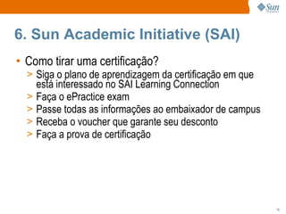 6. Sun Academic Initiative (SAI) Como tirar uma certificação? Siga o plano de aprendizagem da certificação em que está interessado no SAI Learning Connection Faça o ePractice exam Passe todas as informações ao embaixador de campus Receba o voucher que garante seu desconto Faça a prova de certificação 