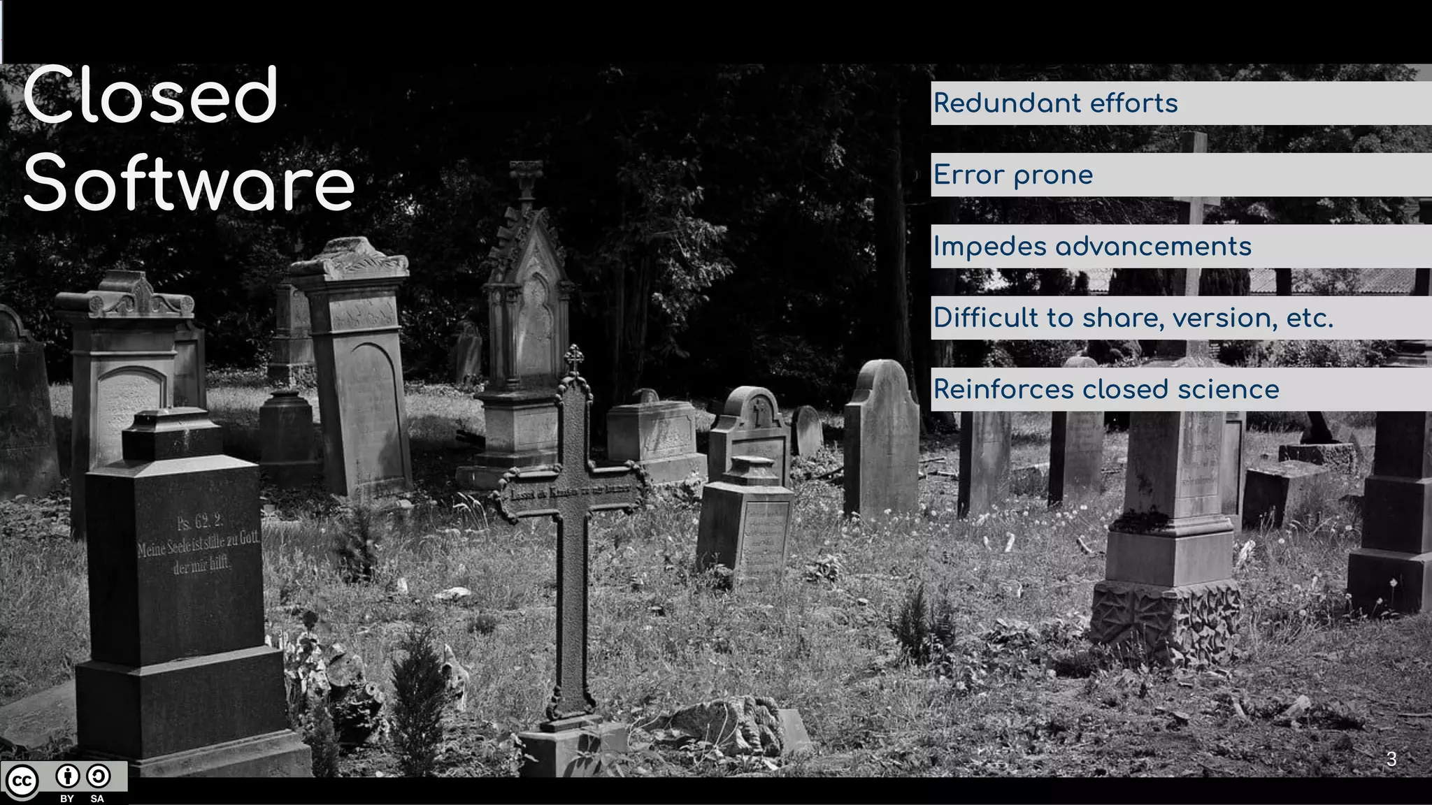 Redundant efforts
Error prone
Impedes advancements
Difficult to share, version, etc.
Reinforces closed science
Closed
Software
3
 