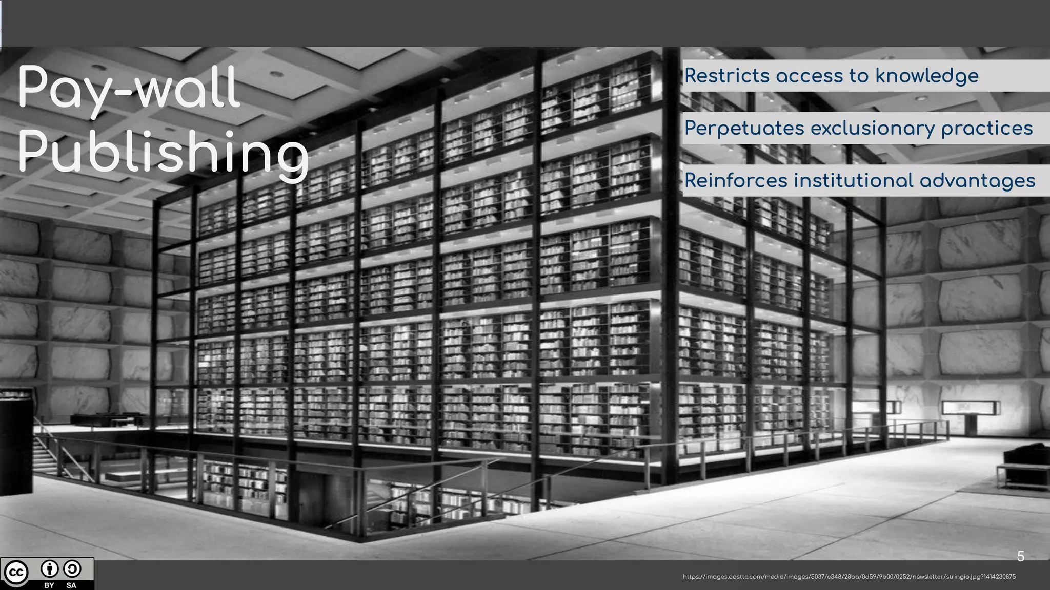 https://images.adsttc.com/media/images/5037/e348/28ba/0d59/9b00/0252/newsletter/stringio.jpg?1414230875
Restricts access to knowledge
Perpetuates exclusionary practices
Reinforces institutional advantages
Pay-wall
Publishing
5
 