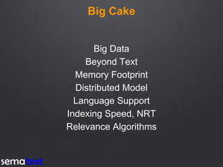 Big Cake
Big Data
Beyond Text
Memory Footprint
Distributed Model
Language Support
Indexing Speed, NRT
Relevance Algorithms
 