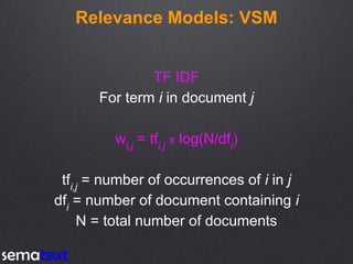 Relevance Models: VSM
TF IDF
For term i in document j
wi,j
= tfi,j
x log(N/dfi
)
tfi,j
= number of occurrences of i in j
dfi
= number of document containing i
N = total number of documents
 