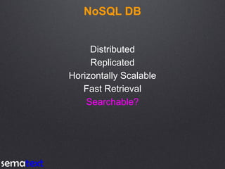 NoSQL DB
Distributed
Replicated
Horizontally Scalable
Fast Retrieval
Searchable?
 