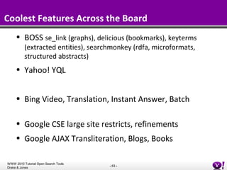 Coolest Features Across the Board <ul><li>BOSS  se_link (graphs), delicious (bookmarks), keyterms (extracted entities), se...