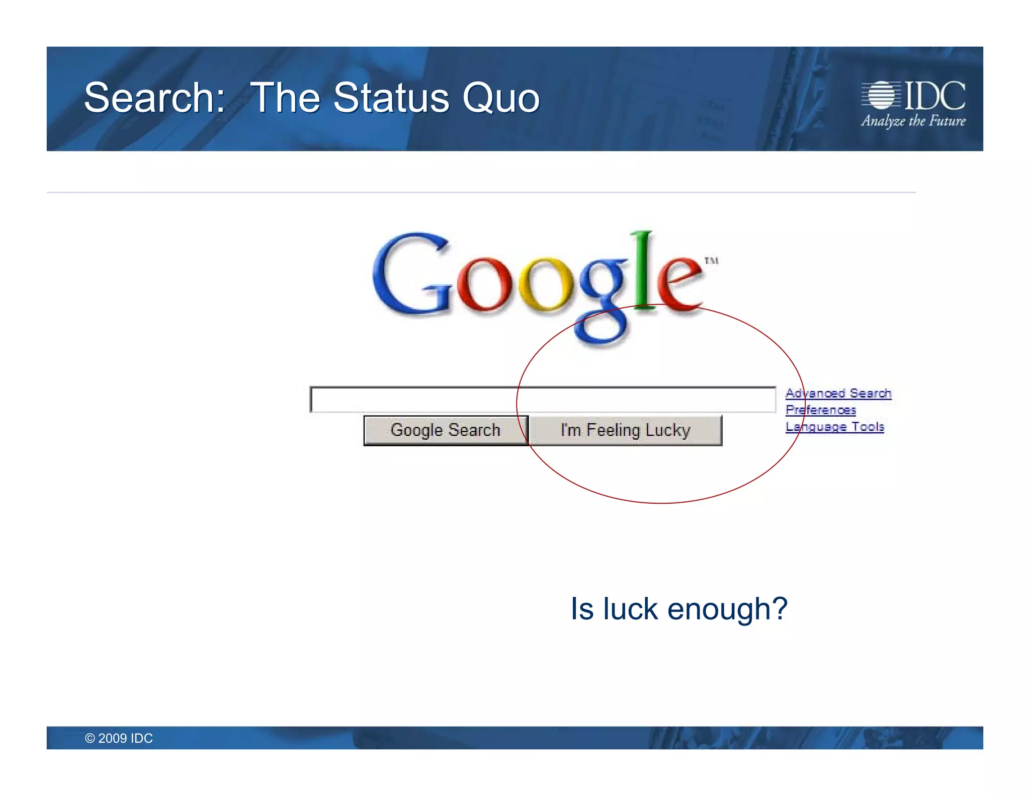 Search: The Status Quo




                         Is luck enough?


© 2009 IDC
 