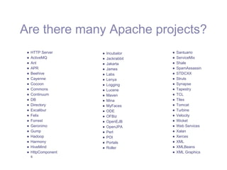 Are there many Apache projects?
 ●   HTTP Server     ●   Incubator    ●   Santuario
 ●   ActiveMQ        ●   Jackrabbit   ●   ServiceMix
 ●   Ant             ●   Jakarta      ●   Shale
 ●   APR             ●   James        ●   SpamAssassin
 ●   Beehive         ●   Labs         ●   STDCXX
 ●   Cayenne         ●   Lenya        ●   Struts
 ●   Cocoon          ●   Logging      ●   Synapse
 ●   Commons         ●   Lucene       ●   Tapestry
 ●   Continuum       ●   Maven        ●   TCL
 ●   DB              ●   Mina         ●   Tiles
 ●   Directory       ●   MyFaces      ●   Tomcat
 ●   Excalibur       ●   ODE          ●   Turbine
 ●   Felix           ●   OFBiz        ●   Velocity
 ●   Forrest         ●   OpenEJB      ●   Wicket
 ●   Geronimo        ●   OpenJPA      ●   Web Services
 ●   Gump            ●   Perl         ●   Xalan
 ●   Hadoop          ●   POI          ●   Xerces
 ●   Harmony         ●   Portals      ●   XML
 ●   HiveMind        ●   Roller       ●   XMLBeans
 ●   HttpComponent                    ●   XML Graphics
     s
 