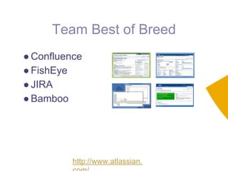 Team Best of Breed
● Confluence
● FishEye
● JIRA
● Bamboo




          http://www.atlassian.
 