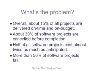 What’s the problem?
● Overall, about 15% of all projects are
  delivered on-time and on-budget.
● About 30% of software projects are
  cancelled before completion.
● Half of all software projects cost almost
  twice as much as anticipated.
● More than 50% of software projects
  fail.
            Source: The Standish Group
 