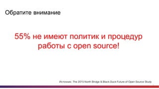 23
Обратите  внимание
55%  не  имеют  политик  и  процедур  
работы  с  open  source!
Источник: The 2015 North Bridge & Black Duck Future of Open Source Study
 