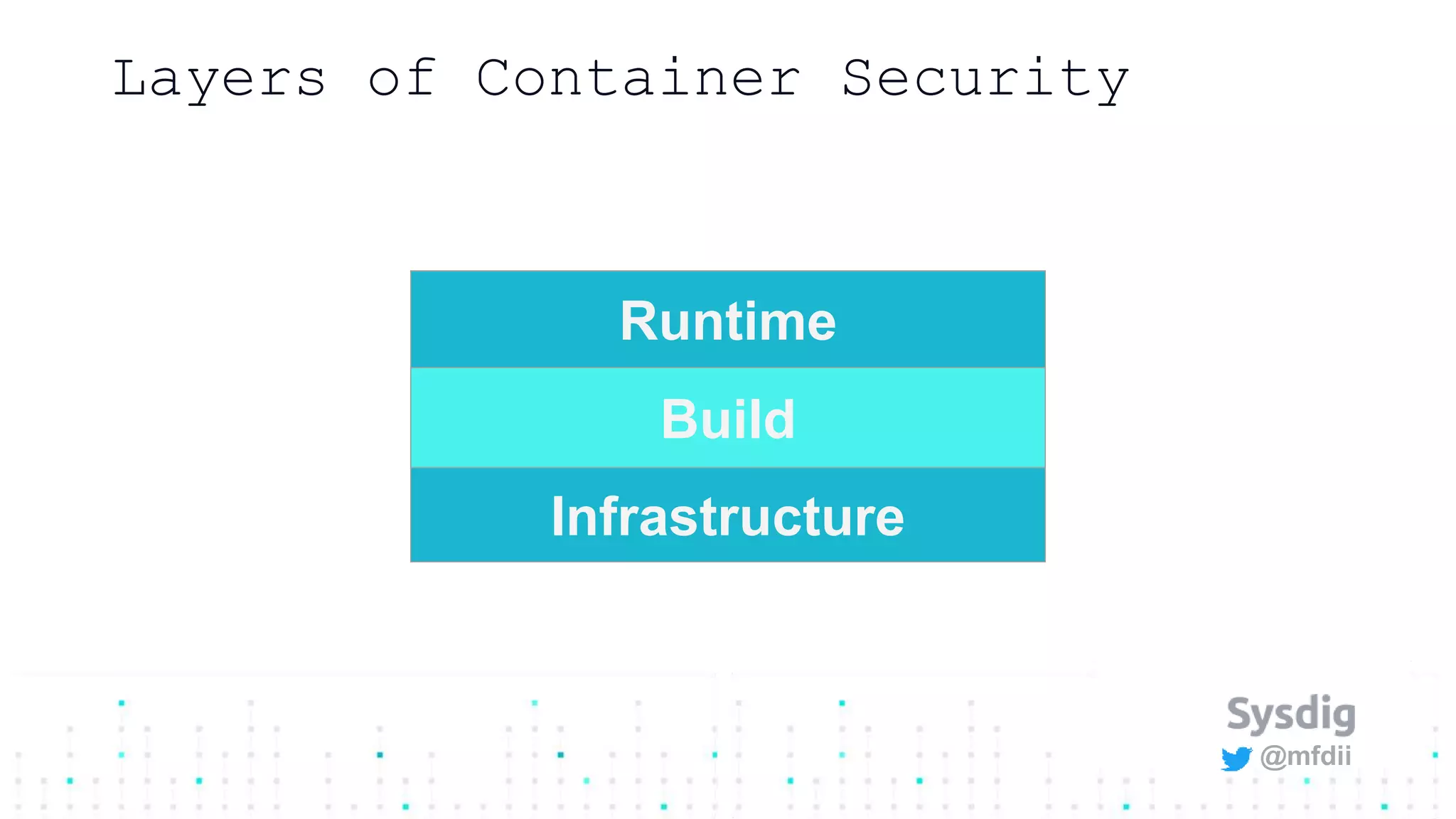 @mfdii
Layers of Container Security
Runtime
Build
Infrastructure
 