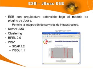 • ESB con arquitectura extensible bajo el modelo de
  plugins de Jboss.
    – Permite la integración de servicios de infraestructura.
•   Kernel JMX                           Copyright Imagen: Redhat
•   Clustering
•   BPEL 2.0
•   WS-*
    – SOAP 1.2
    – WSDL 1.1
 