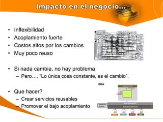 •   Inflexibilidad
•   Acoplamiento fuerte
•   Costos altos por los cambios
•   Muy poco reuso

• Si nada cambia, no hay problema
    – Pero…. “Lo única cosa constante, es el cambio”.


• Que hacer?
    – Crear servicios reusables
    – Promover el bajo acoplamiento
 