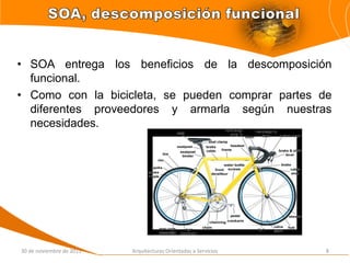 • SOA entrega los beneficios de la descomposición
  funcional.
• Como con la bicicleta, se pueden comprar partes de
  diferentes proveedores y armarla según nuestras
  necesidades.




30 de noviembre de 2011   Arquitecturas Orientadas a Servicios   8
 