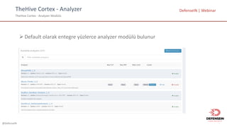 @DefenseIN
TheHive Cortex - Analyzer
TheHive Cortex - Analyzer	Modülü
DefenseIN |	Webinar
ØDefault	olarak entegre yüzlerce analyzer	modülü bulunur
 