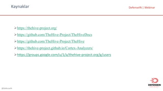 @DefenseIN
Kaynaklar
Øhttps://thehive-project.org/
Øhttps://github.com/TheHive-Project/TheHiveDocs
Øhttps://github.com/TheHive-Project/TheHive
Øhttps://thehive-project.github.io/Cortex-Analyzers/
Øhttps://groups.google.com/u/1/a/thehive-project.org/g/users
DefenseIN |	Webinar
 