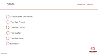@DefenseIN
Ajanda DefenseIN |	Webinar
SOAR	&	IRM	kavramları
TheHive Project
TheHive Cortex
TheHive Demo
TheHive4py
Kaynaklar
 