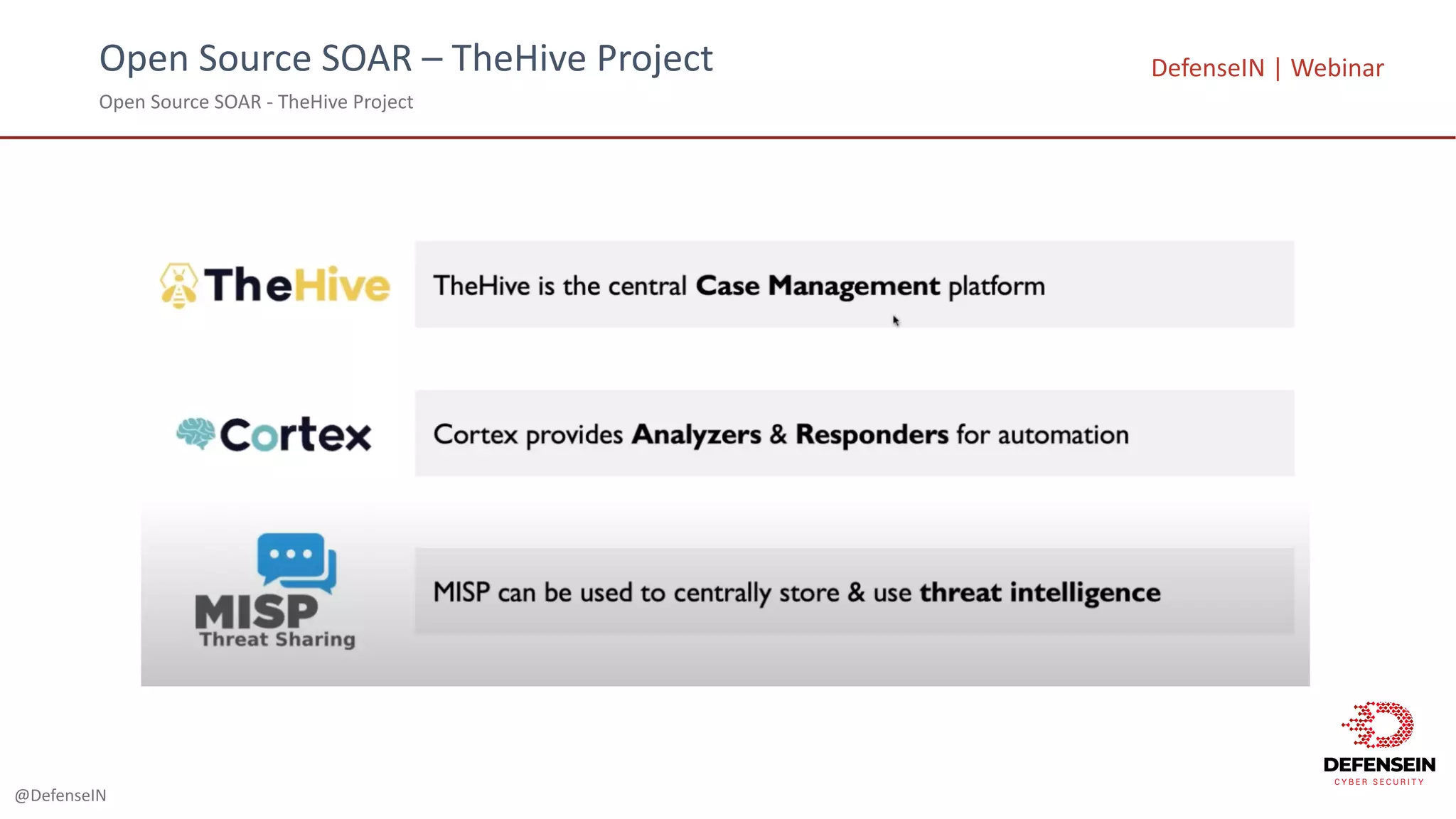 @DefenseIN
Open	Source	SOAR	– TheHive Project
Open	Source	SOAR	- TheHive Project
DefenseIN |	Webinar
 