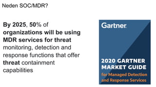 Neden SOC/MDR?
By 2025, 50% of
organizations will be using
MDR services for threat
monitoring, detection and
response functions that offer
threat containment
capabilities
 