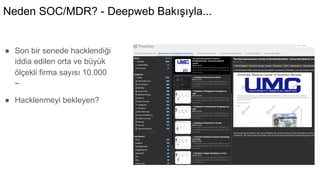 Neden SOC/MDR? - Deepweb Bakışıyla...
● Son bir senede hacklendiği
iddia edilen orta ve büyük
ölçekli firma sayısı 10.000
~
● Hacklenmeyi bekleyen?
 