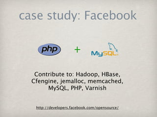 case study: Facebook



   Contribute to: Hadoop, HBase,
  Cfengine, jemalloc, memcached,
       MySQL, PHP, Varnish


   http://developers.facebook.com/opensource/
 