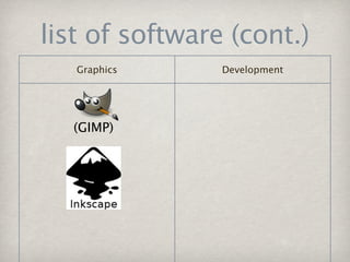 list of software (cont.)
   Graphics     Development




  (GIMP)
 