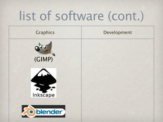 list of software (cont.)
   Graphics     Development




  (GIMP)
 