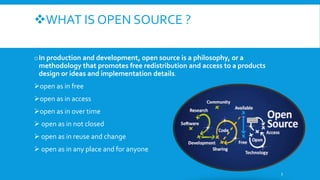 WHAT IS OPEN SOURCE ?
oIn production and development, open source is a philosophy, or a
methodology that promotes free redistribution and access to a products
design or ideas and implementation details.
open as in free
open as in access
open as in over time
 open as in not closed
 open as in reuse and change
 open as in any place and for anyone
3
 