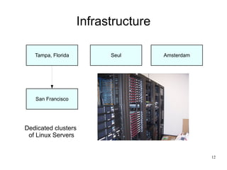 Infrastructure

   Tampa, Florida         Seul       Amsterdam




   San Francisco




Dedicated clusters
 of Linux Servers


                                                 12
 