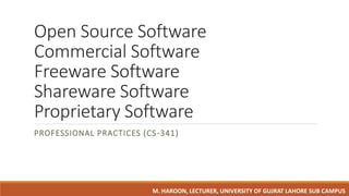 Open Source Software
Commercial Software
Freeware Software
Shareware Software
Proprietary Software
PROFESSIONAL PRACTICES (CS-341)
M. HAROON, LECTURER, UNIVERSITY OF GUJRAT LAHORE SUB CAMPUS
 