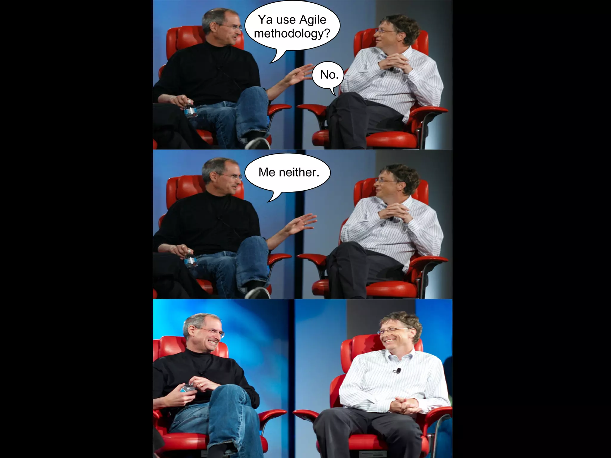 Ya use Agile
methodology?


              No.




Me neither.
 