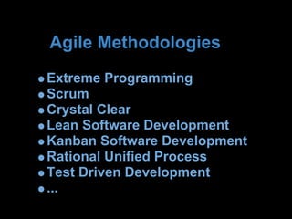 Agile Methodologies
Extreme Programming
Scrum
Crystal Clear
Lean Software Development
Kanban Software Development
Rational Unified Process
Test Driven Development
...
 